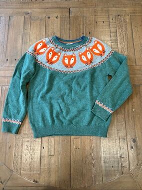 Mini Boden green marled fairisle fox crewneck sweater 9-10 years